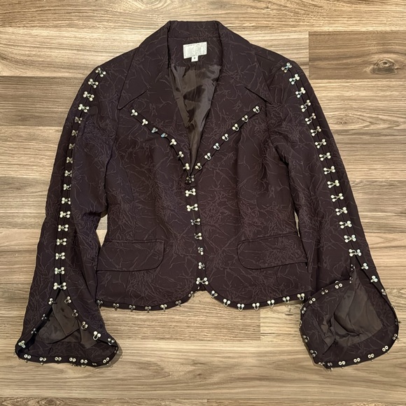 Alberto Makali Vintage Chocolate Embossed Abstract Hook Eye Embellished Jacket 8 - Picture 6 of 15
